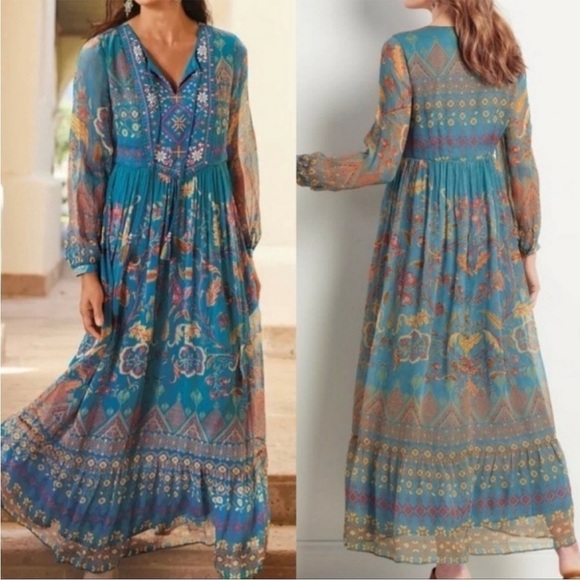 NWT Soft Surroundings Blue Mirapani Chiffon Boho Embroidered Maxi Boho Dress - Picture 1 of 11
